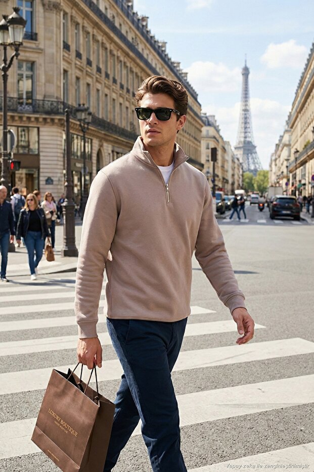 Cotton Regular Fit Half Zipper Stand Collar Sweat Men's Sweat 59052592
