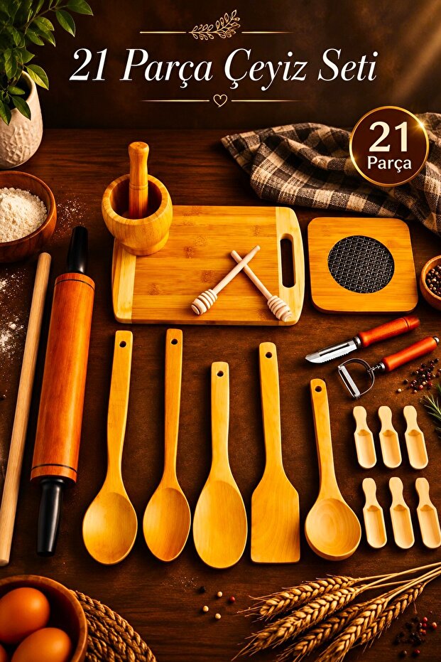 Natural Wood Bamboo 21-Piece Rotating Rolling Pin, Mortar and Pestle, Trivet, Spoon, Ladle, Bamboo Cutting Board Bridal Set