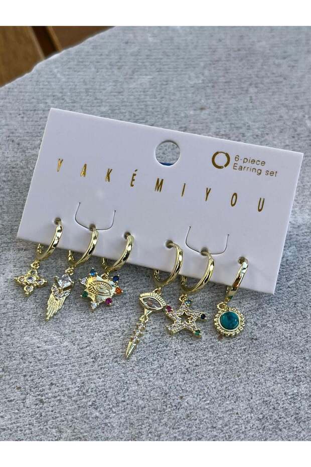 Yakemiyou Colorful Stone Mixed Pattern Six-Piece Earrings