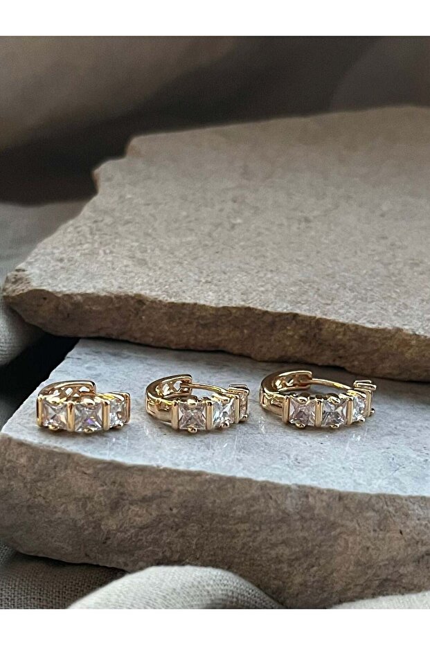 Gold Color Row Stone Triple Earrings