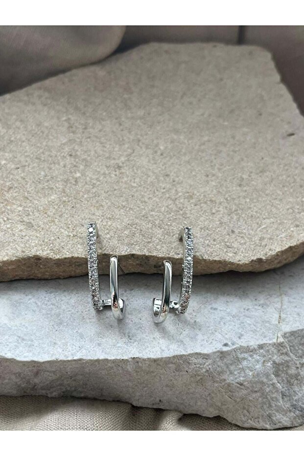 Silver Color Stone Double Earring Set
