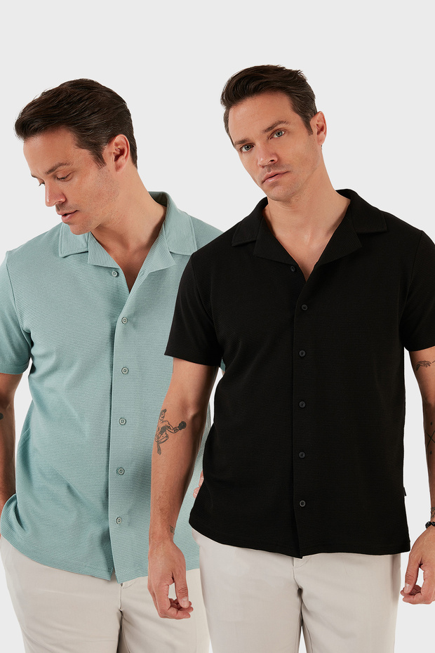 Cotton Regular Fit Short Sleeve 2'Li Package Shirt Men's Shirt 5902640S2