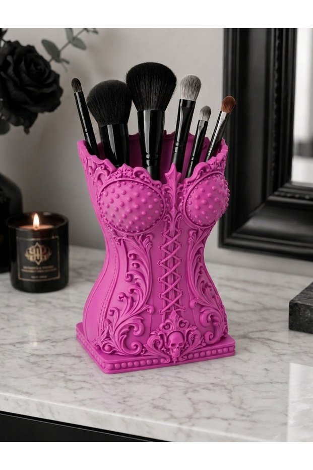 Gothic Design Corset-Look Makeup Brush Organizer - Decorative Pen Holder and Organizer