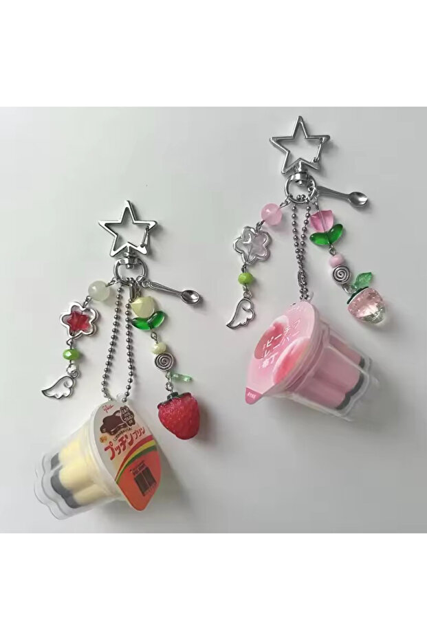 set Japanese Pudding Keychain Pink Yellow Egg Flan Charm Y2K Heisei Retro Aesthetic Beaded Cosplay A