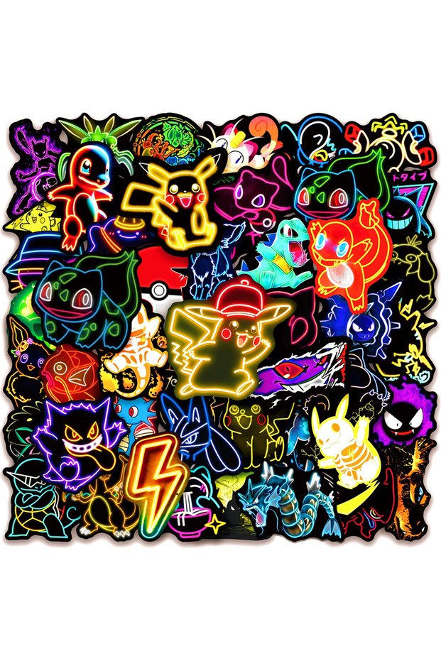 30PCS 10/30/50pcs Cool Cartoon Neon Light Anime Pokemon Stickers Pikachu Cartoon Decals Laptop Motor