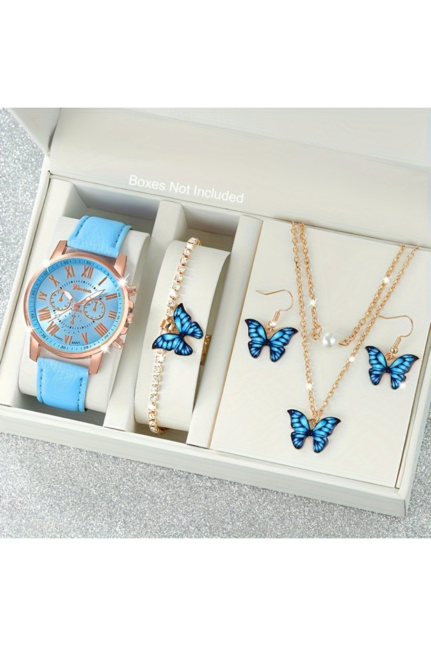 Blue Fashion 5pcs women's quartz watch set, paired with blue butterfly jewelry - round zinc alloy ca