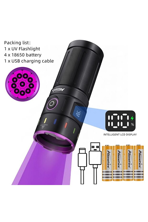 4 x18650 200W 365nm LED UV Flashlight Powerful Blacklight Torch USB Rechargeable Catdog Tinea Urine