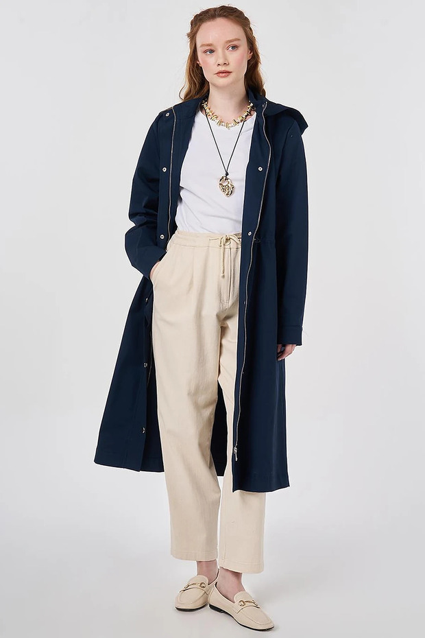 Hooded Detailed Trench Coat Dark Navy Blue