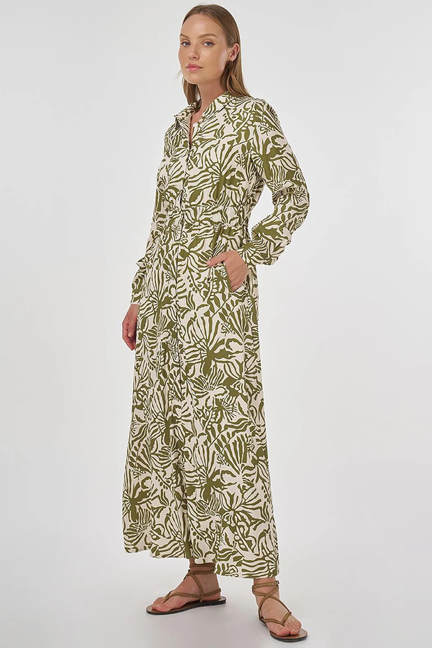 Patterned Viscose Dress Khaki