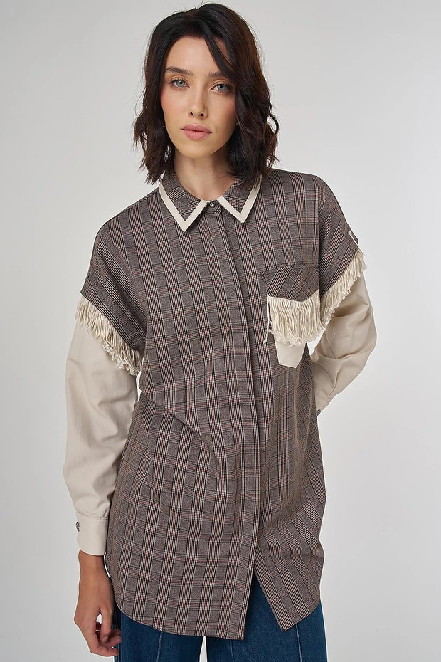 Tasseled Plaid Pattern Tunic Dark Brown