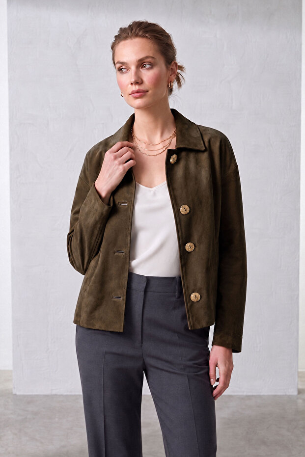 Green Suede Women's Genuine Leather Classic Collar Buttoned Jacket