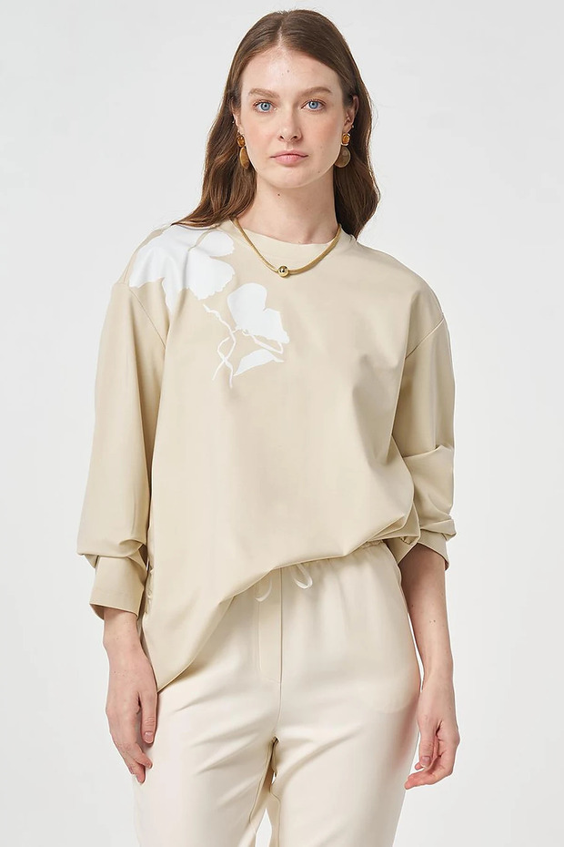 Baskı Detaylı Örme Sweatshirt Krem