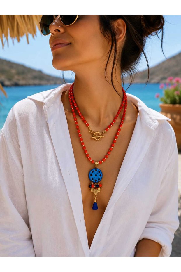 Long Natural Stone Syriac Evil Eye Stone Necklace Different Color Options
