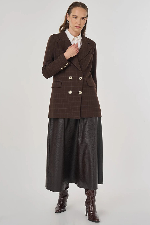 Plaid Pattern Blazer Jacket Dark Brown