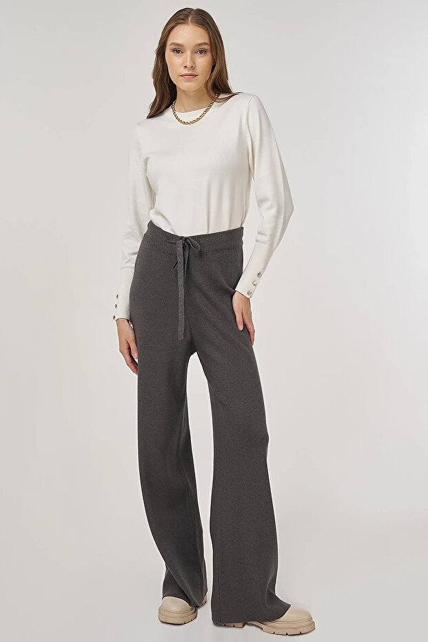 Lace Detailed Viscose Knitwear Trousers Anthracite