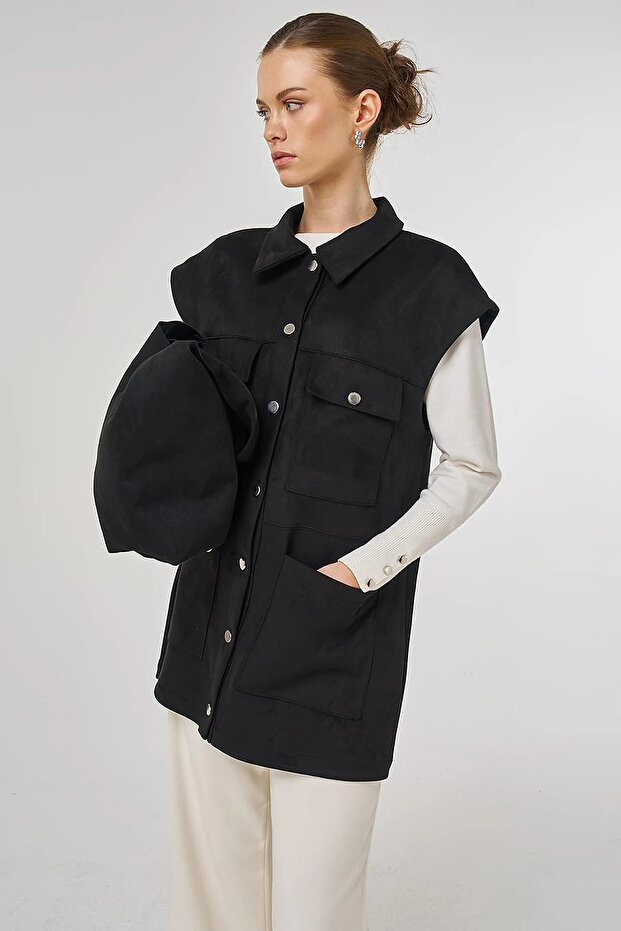 Pocket Detailed Suede Vest Black