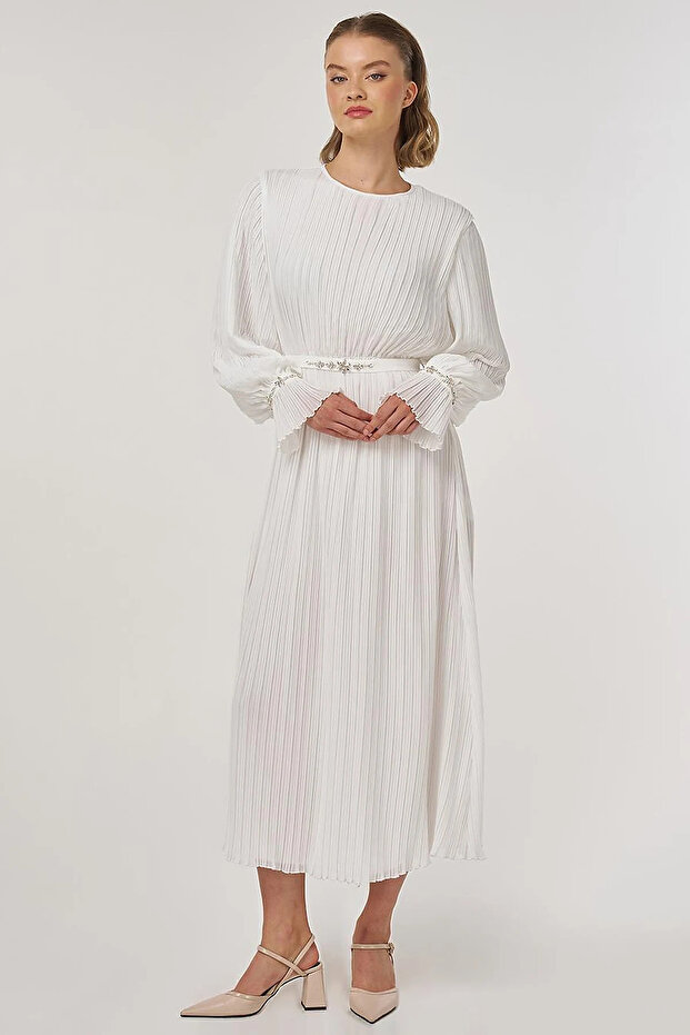 Stone Embroidered Stylish Dress Ecru