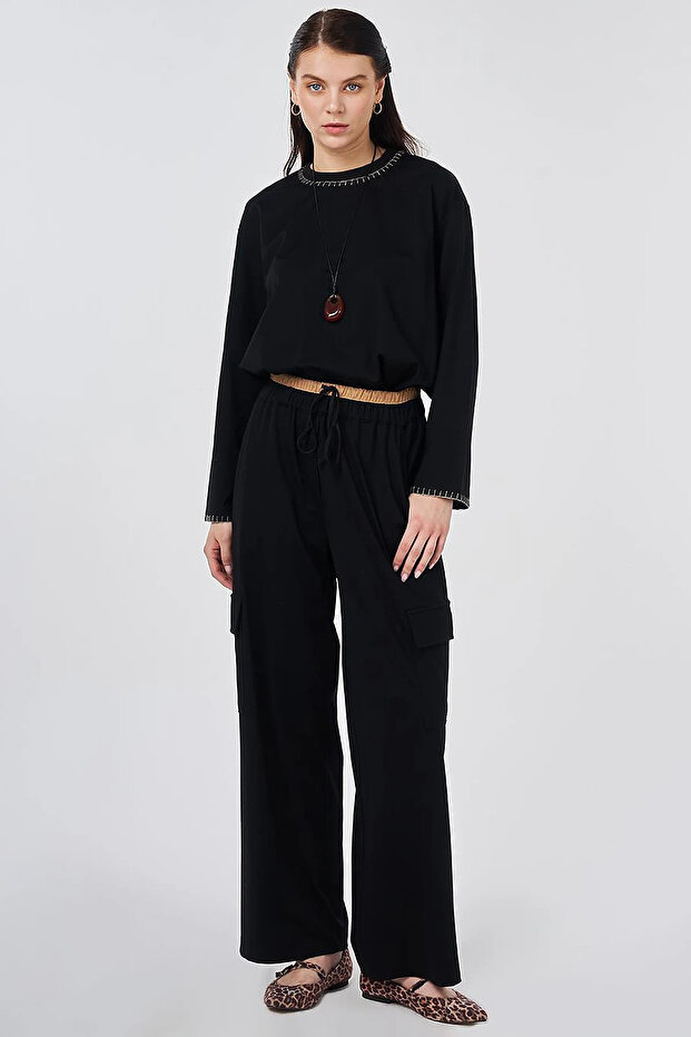 Contrast Waist Detailed Trousers Black