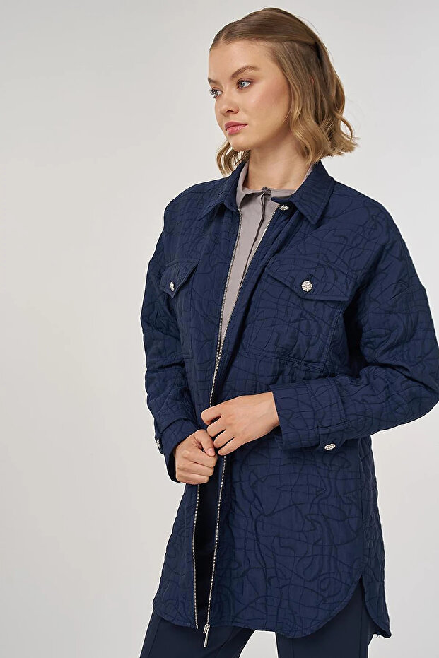 Embossed Pattern Shirt Collar Jacket Dark Navy Blue