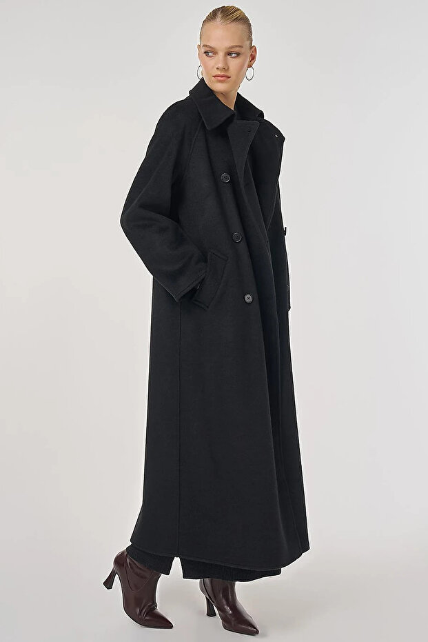 Buttoned Double Breasted Stamp Coat Black