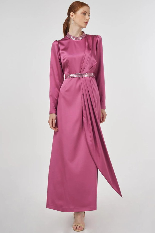Embroidered Satin Draped Dress Dusty Rose