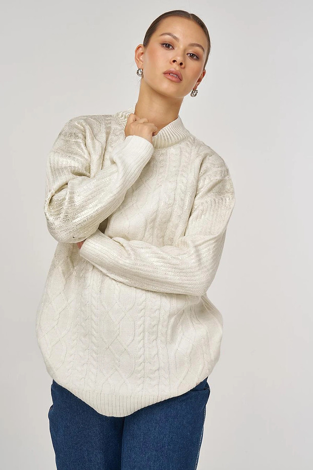 Knitted Pattern Off Shoulder Knitwear Tunic Ecru