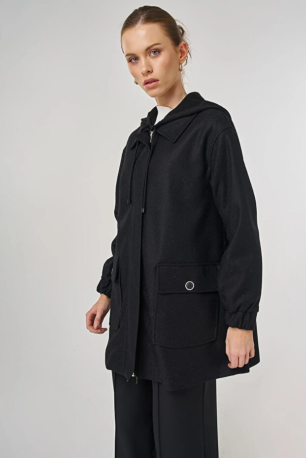 Hooded Wool Coat Black