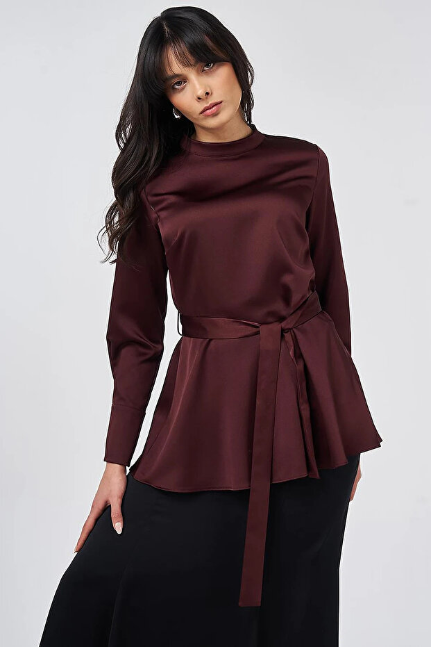 Sash Detailed Satin Blouse Burgundy