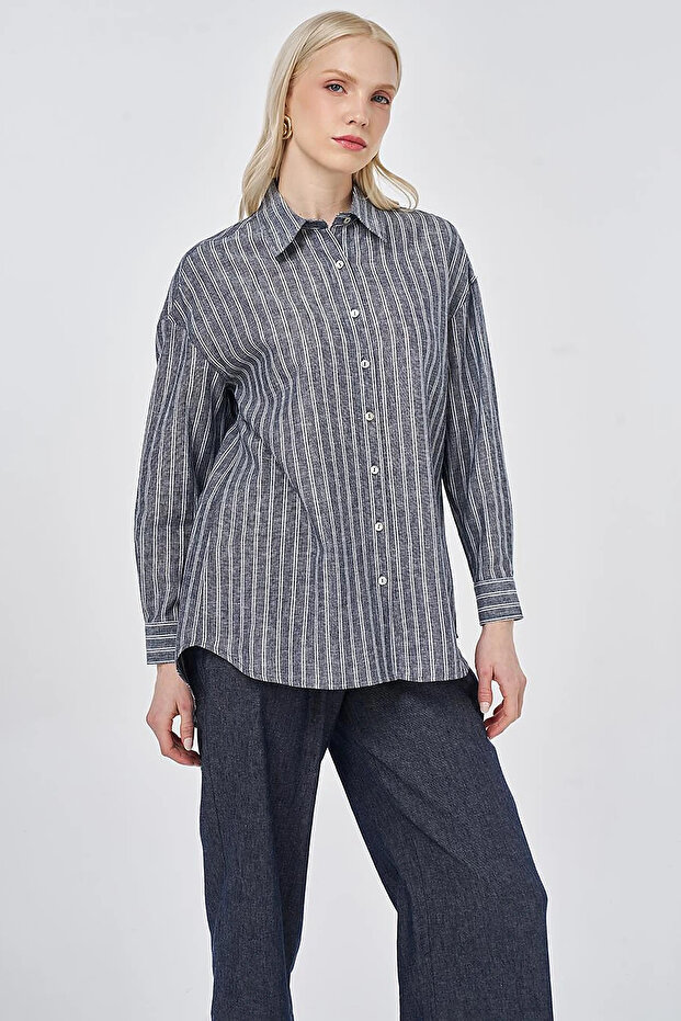 Stripe Pattern Cotton Linen Tunic Dark Navy Blue