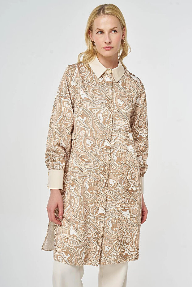 Marbling Pattern Cotton Long Tunic Beige