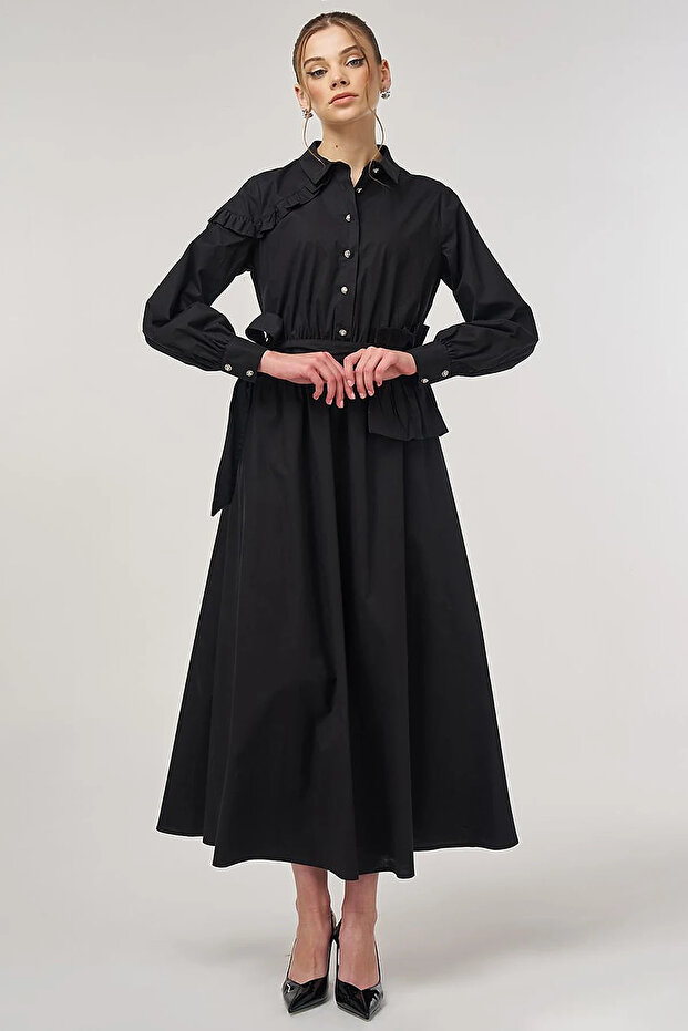 Ruffle Detailed Cotton Dress Black