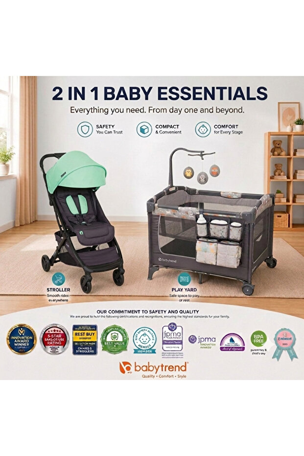 سرير أطفال متنقل EZ Rest Playard Twinkle Littleforest + Tango ™ عربة أطفال صغيرة - مجموعة نيو مينت 2 في 1