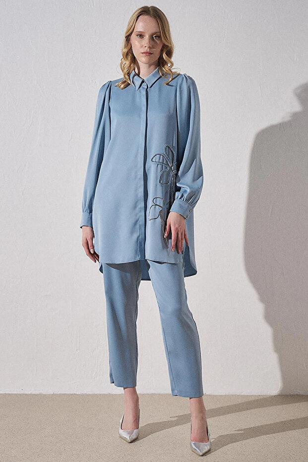 Button Detailed Jacquard Carrot Trousers Sea Ice