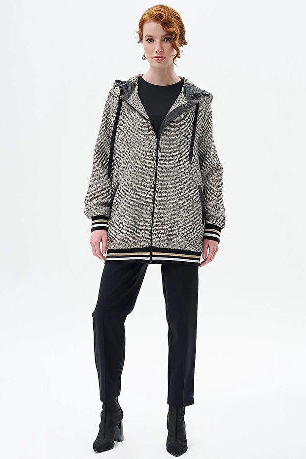 Hooded Detailed Ribbed Jacket Black-Beige