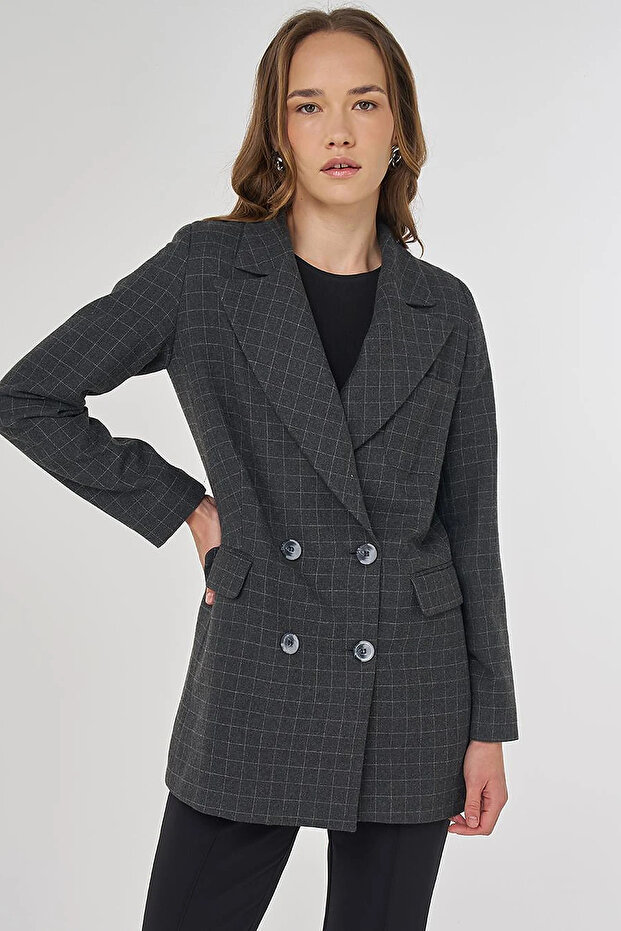 Plaid Pattern Blazer Jacket Smoked