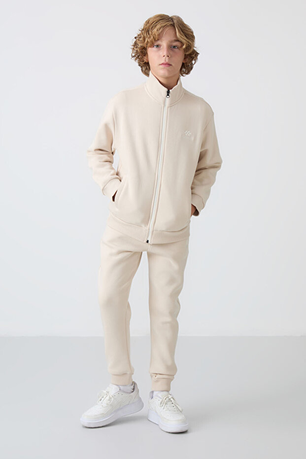 Beige Cotton Thick Fleece Lined Soft Textured Standard Fit Embroidered Boys' Tracksuit Set - 11256