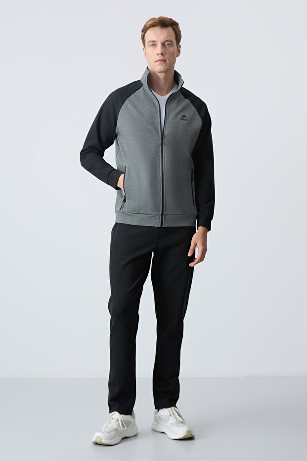 Çağla Black High Collar Double Color Comfortable Fit Classic Leg Men's Tracksuit Set - 85113