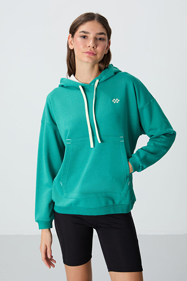 Sea Green Compact Cotton Thick Smooth Textured Hooded Comfortable Form Fit Women's Sweatshirt - 97291