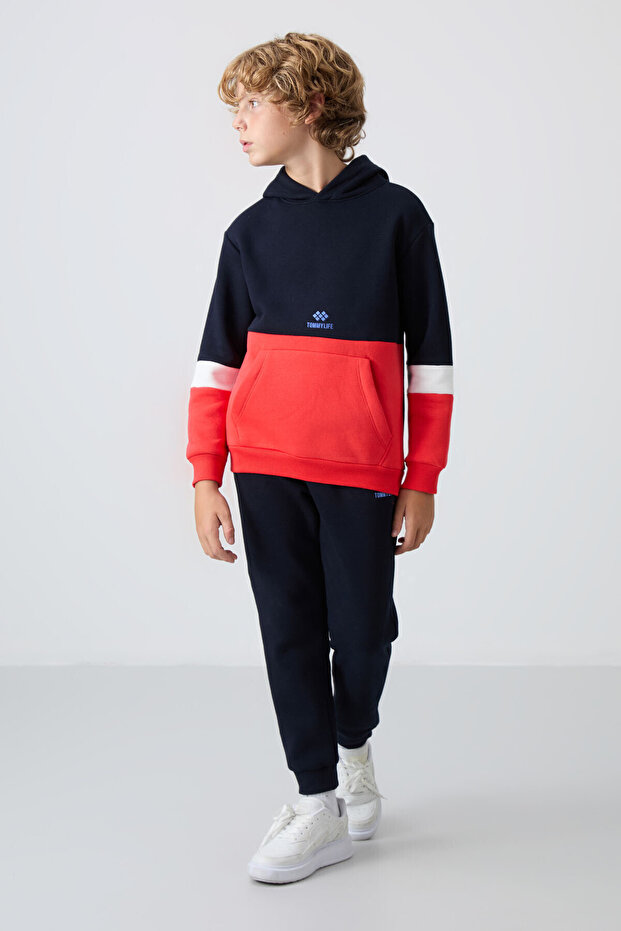 Navy Blue Cotton Thick Fleece Lined Standard Fit Embroidered Boys' Tracksuit Set - 11255