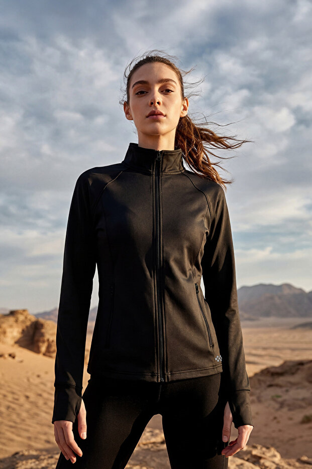 Black Zippered Mock Neck Basic Comfortable Form Women's Running Jacket - 97310
