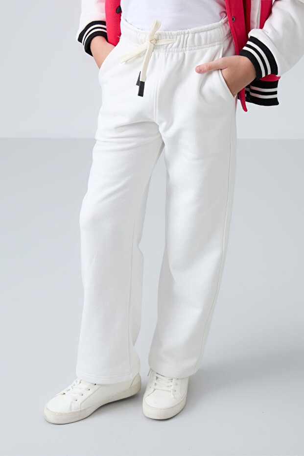 Ecru Cotton Fuzzy Inside Soft Textured Standard Fit Embroidered Girls' Sweatpants - 75146