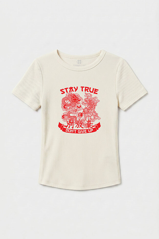Ecru Standard Fit Printed Short Sleeve Women's T-Shirt - 97201