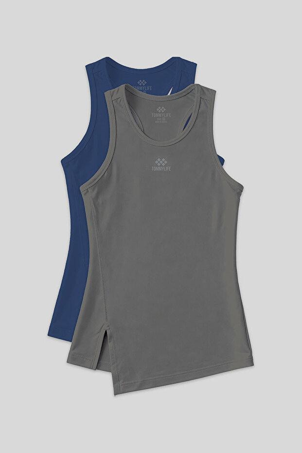 Standard Mold O-Neck 2-Pack Indigo-Dark Gray Women's Sports Tank Top - 97256