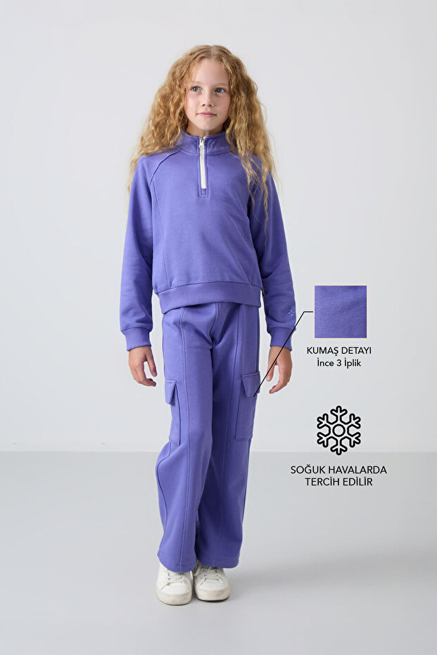 Lilac Cotton Fleece Inside, Soft Textured, Standard Fit, Embroidered Girls' Tracksuit Set - 75159