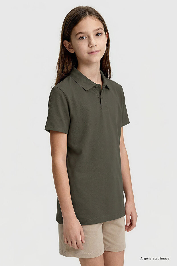 Khaki Polo Collar Standard Fit Basic Unisex Kids T-Shirt - 11330