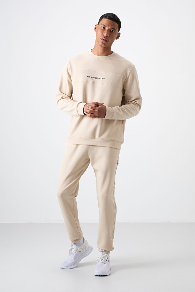 Beige Cotton Thick Soft Textured Comfort Fit Printed Men's Tracksuit Set - 85253