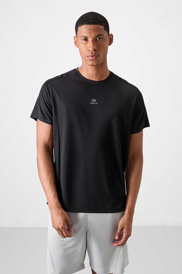 Black Breathable Textured Slim Flexible Standard Fit Men's Performance T-Shirt - 88390