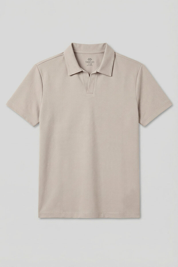 Beige Comfortable Form Soft-Textured Polo Collar Men's T-Shirt - 88496