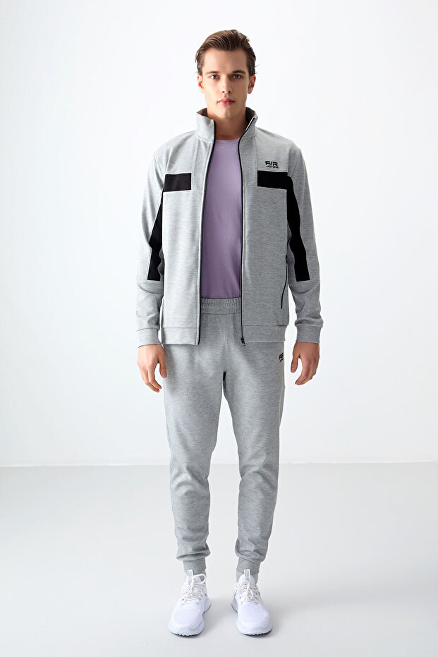 Gray Melange Surface Textured Standard Fit Embroidered Men's Tracksuit Set - 85248