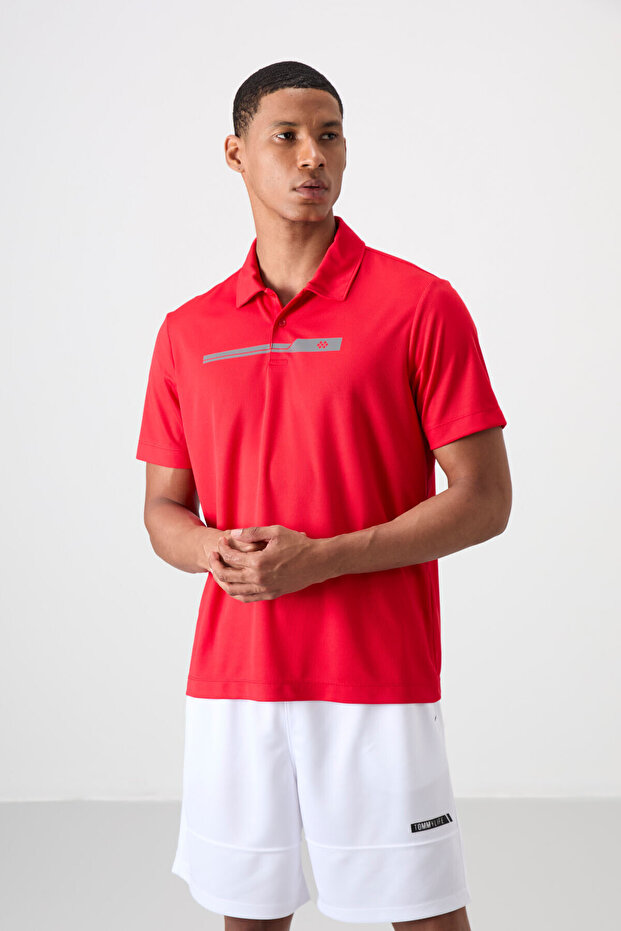 Red Breathable Textured Slim Flexible Standard Fit Polo Neck Men's T-Shirt - 88393